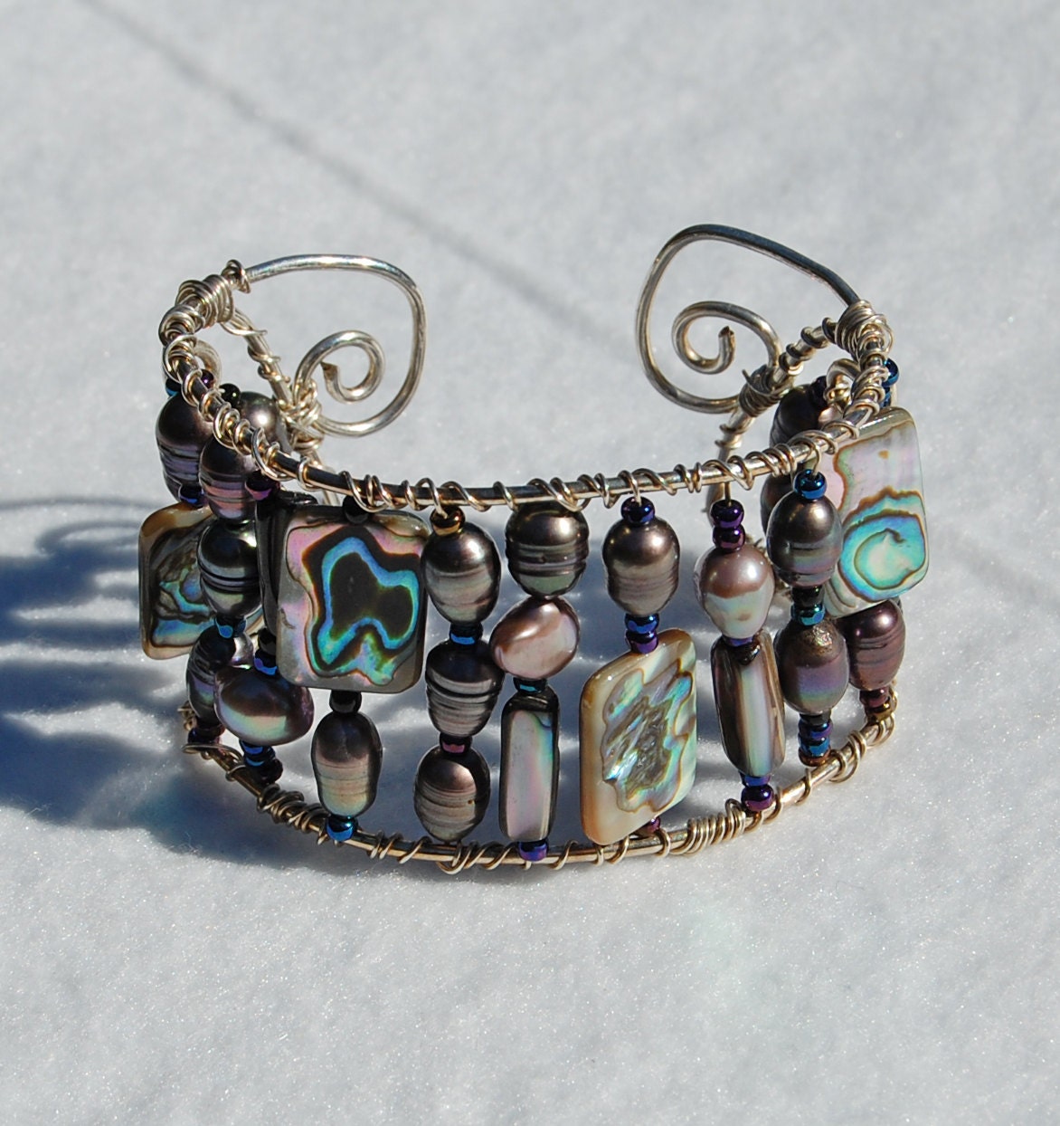 Abalone, Pearl and sterling silver cuff