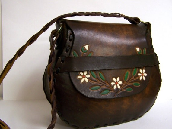 Vintage Leather Shoulder Bag  Flower Power Hand Painted