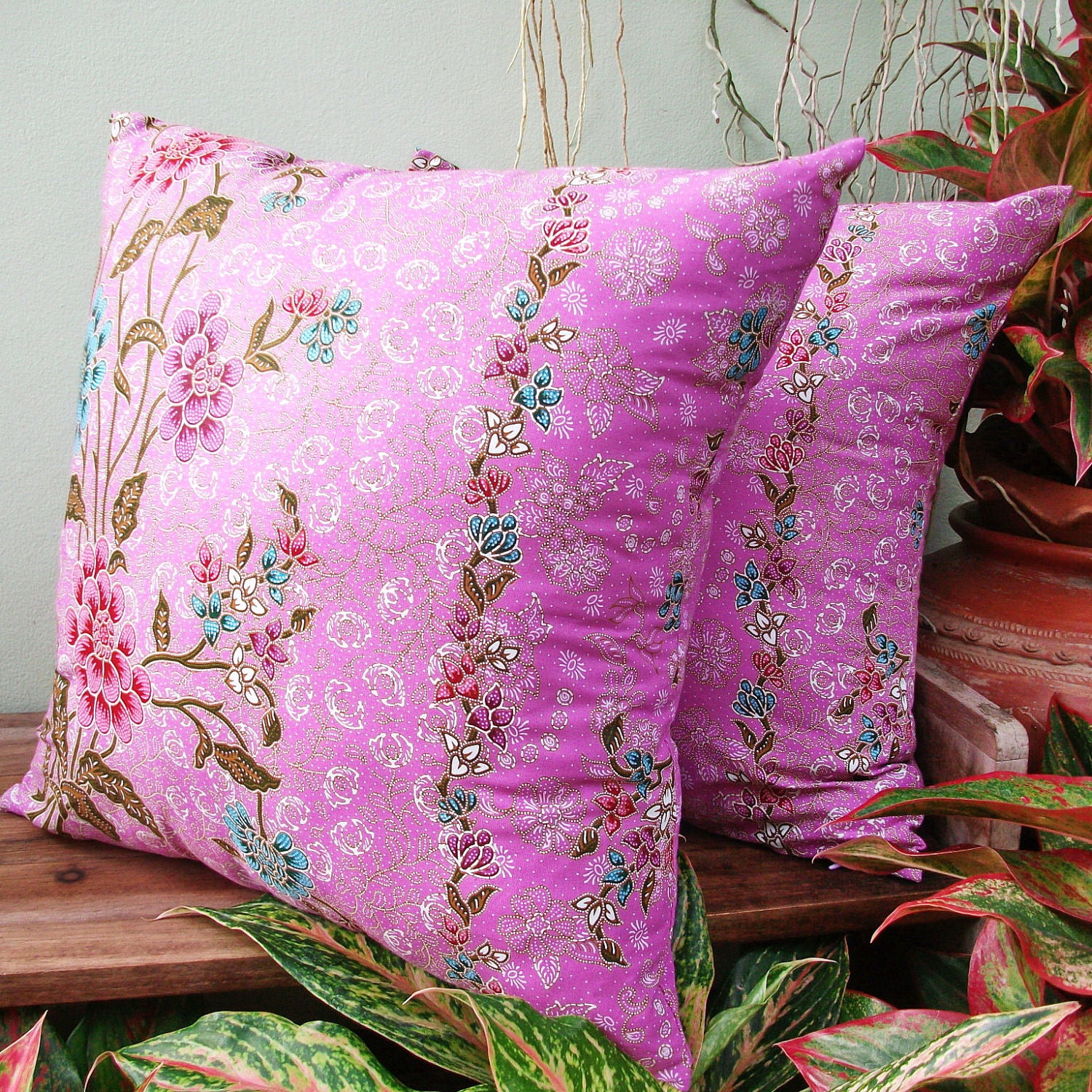 Light Purple  Floral Authentic Javanese Batik sofa Throw decorative pillow cushion covers 18 inches