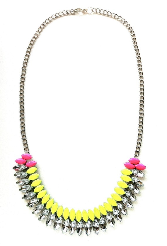 Neon Yellow and Neon Pink Hand-painted Crystal Necklace