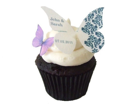 12 Edible Butterflies Damask Personalized Wedding Cupcakes black and 