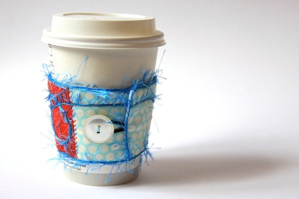 Coffee Cup Cozy  - Red and Robin's Egg Blue