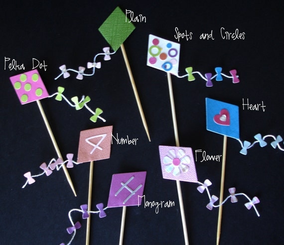12 Lets Go Fly a Kite Cupcake Toppers.... party, birthday, girl, boy, rainbow, polka dot, monogram, heart, flower