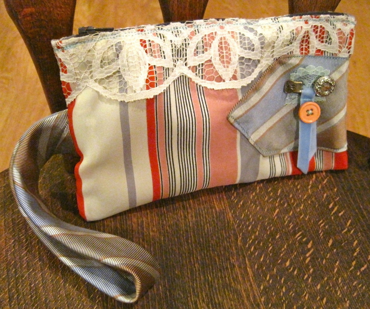 Ravonne Vintage Tie Wristlet in blue, vintage lace, stripes, & dainty charm
