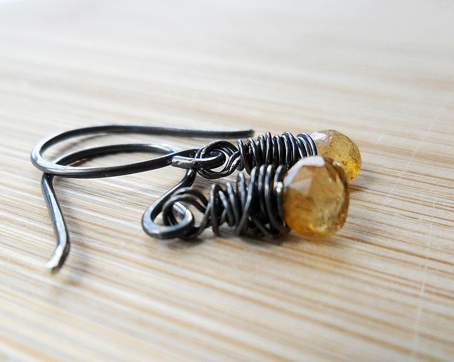 Yellow Tourmaline Earrings October Birthstone and Oxidized Sterling Silver, Drop of Sunshine
