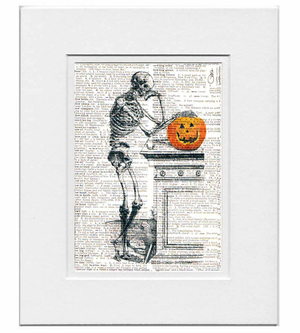 Halloween SKELETON with Pumpkin - ORIGINAL ARTWORK print over an Upcycled Vintage Dictionary page Book art - Free Domestic Shipping