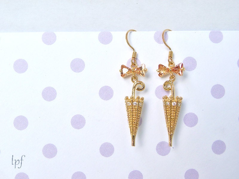 Earrings -London Rain- Tiny elegant gold umbrella charms and cubic zirconia bows