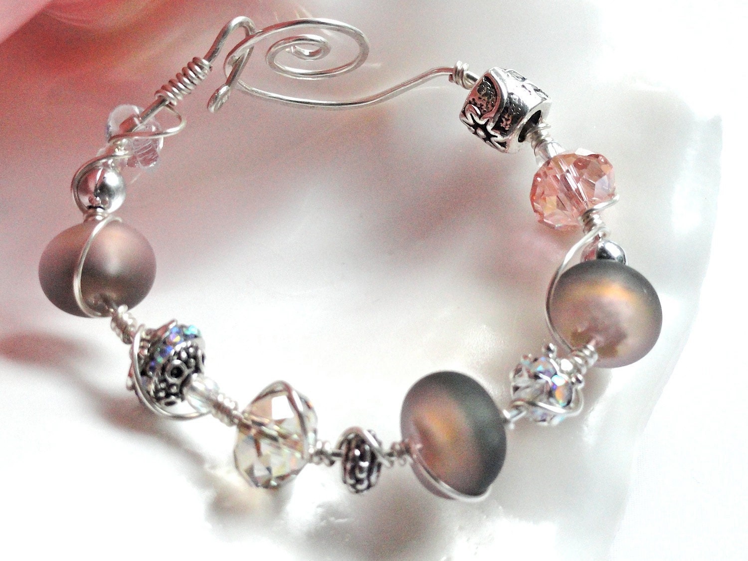 Cafe au lait Gold Peach and Pink Lampwork Bead Bracelet