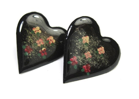 Vintage Jewelry Earrings Heart Floral Wood Enameled Studs