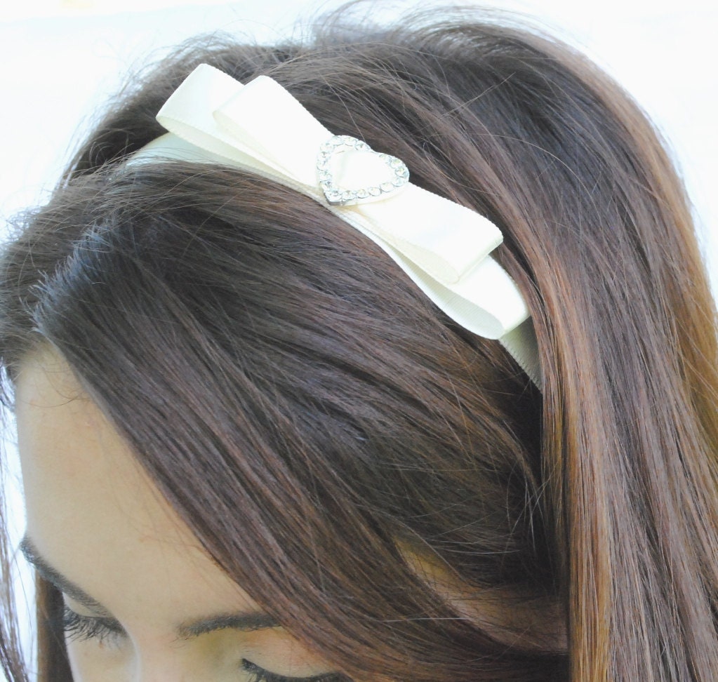 Bridal Headband White Satin Ribbon with Crystal Heart - by Sophia Touassa Millinery & Accessories
