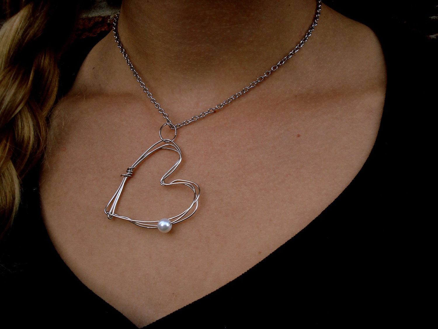 Wire Heart Necklace, single pearl on thin chain, love, sweet, simple