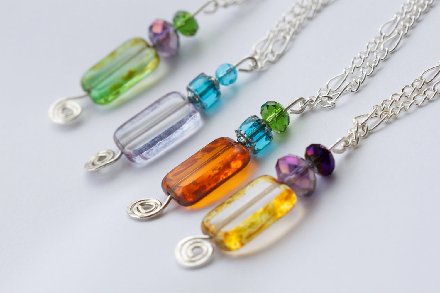 Choose from a Rainbow of Swirl Pendant Necklaces - Lavender ,Yellow, Orange or Green Hammered Spiral Charm on Silver Plated Chain
