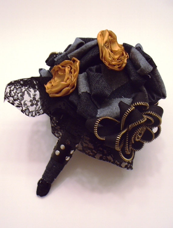 Wedding Bouquet Black Leather and Lace for the Biker Babe