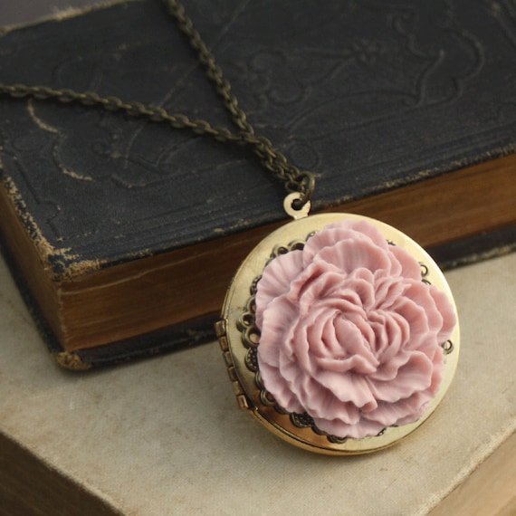 Flower Locket Necklace. Pink Peony Flower