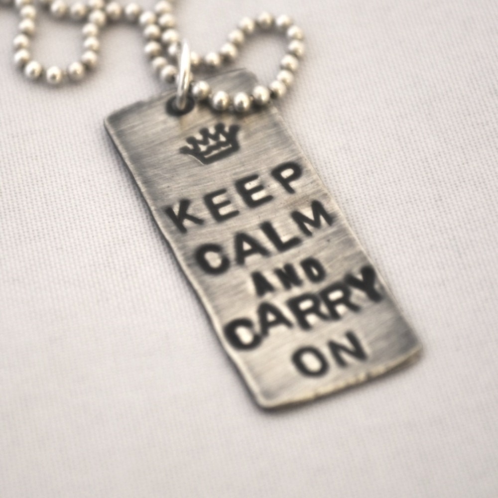 keep calm and carry on sterling silver pendant hand stamped....