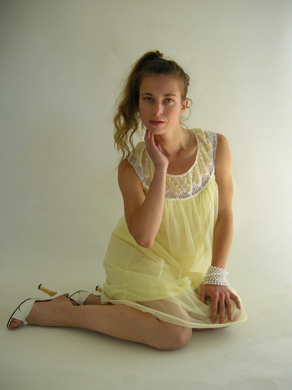 SHEER Yellow Chiffon Babydoll Nighty Nightgown by empressjade from etsy.com