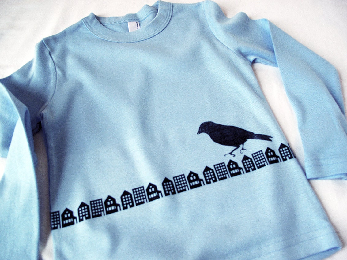 Gotham Bird Toddler Tshirt, Hand-Printed Lithograph, Light Blue, Long Sleeve Kid Tee, 4T