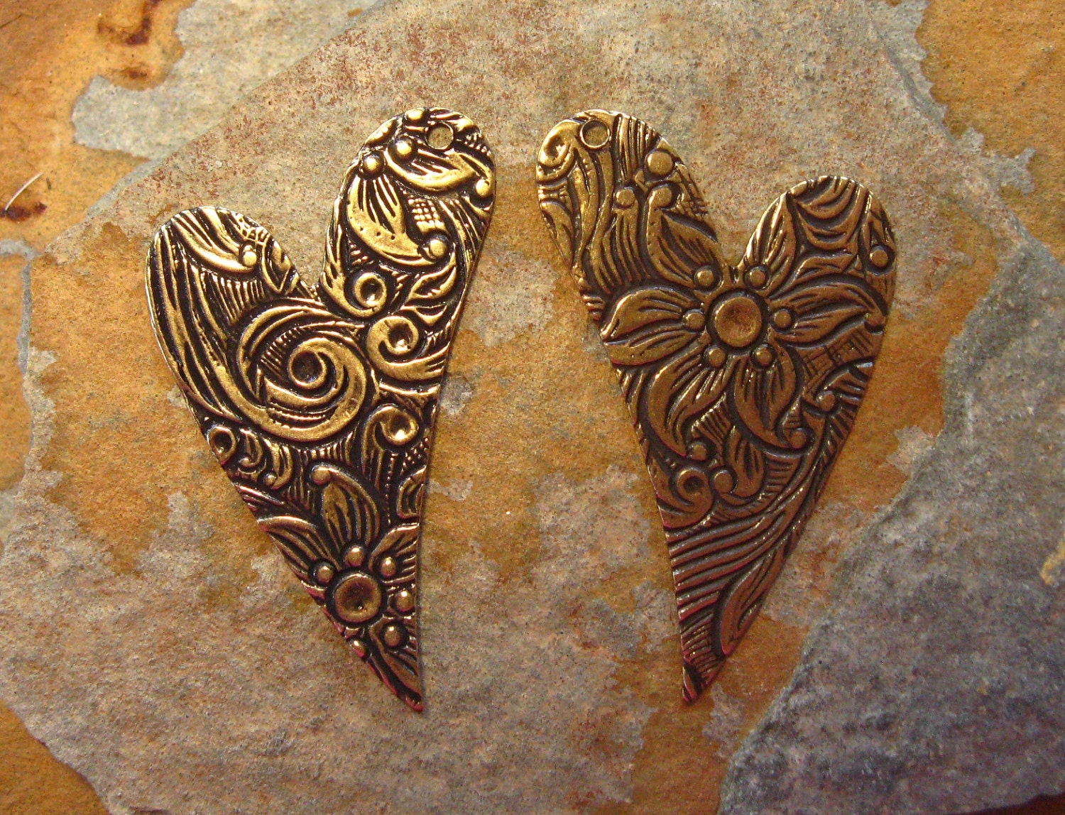 Trinity Brass Co. Heart Drop Floral Engraved Right and Left - 2 Antique Gold LOW SHIPPING