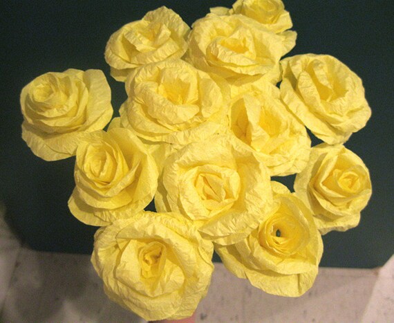 12 LARGE 2.5"  Yellow Origami Crept Paper Flowers Roses Wedding Bridal Party Decoration Bouquet