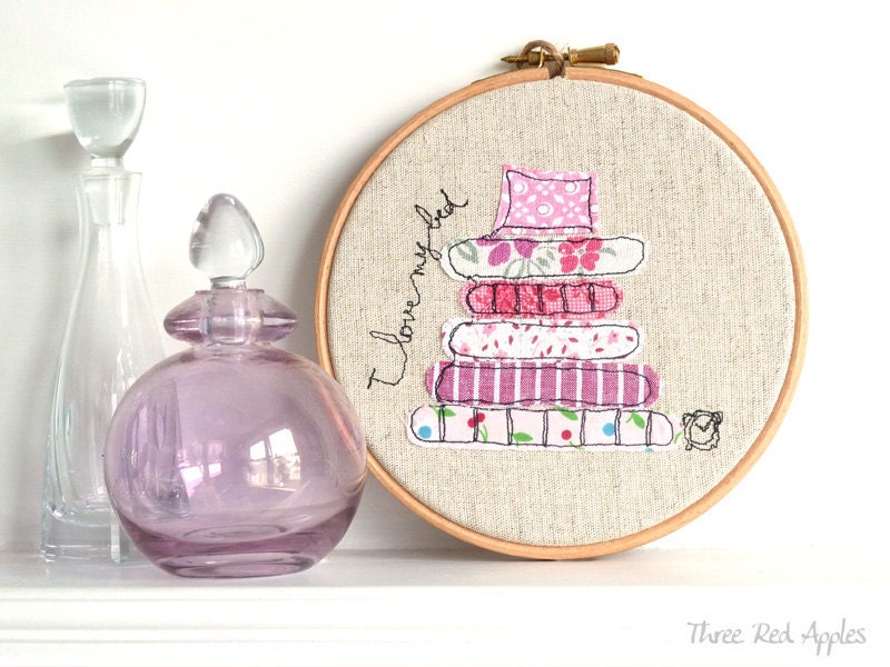 Freehand Embroidery Hoop Art. 'I love my bed' Textile Artwork in pink - 6" hoop