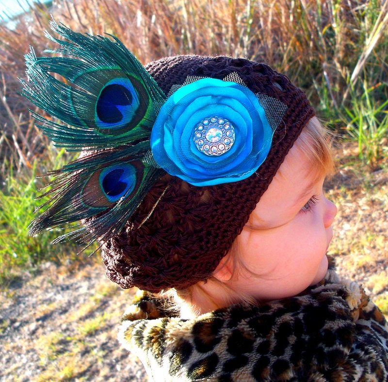 Peacock Feather BROOCH or HAIR CLIP Fascinator Turquoise Satin Flower ... Couture Accesory