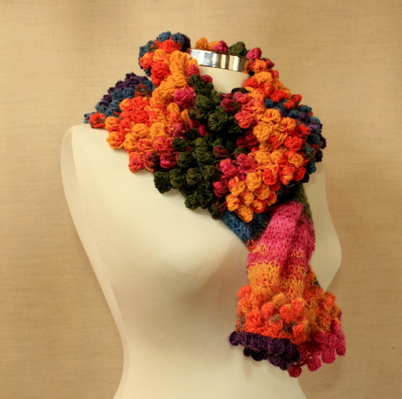 Colors of Happiness / Hand Knit  Loop Stole Wrap / Knit Rainbow Long Scarf  / Wool Mohair Cowl Neck Warmer /  Fall Winter Fashion