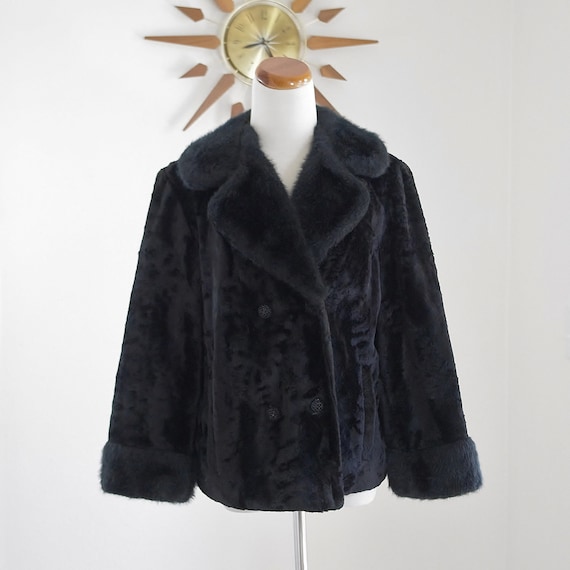 Vintage Faux Fur Coat, Large, Double Breast Short Pea Coat with Faux Fur Collar, Glam Rocker Chic