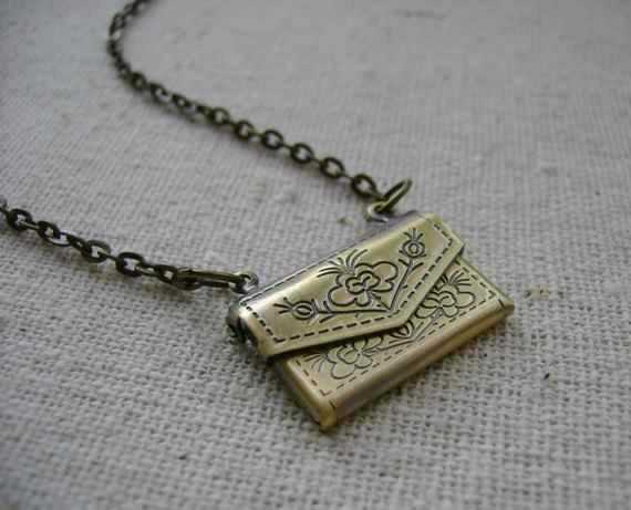 Antiqued brass floral envelope locket necklace