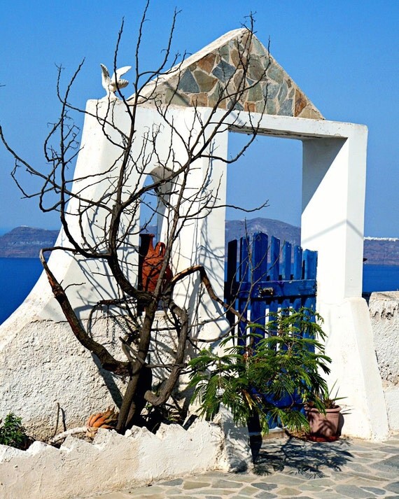 Greek Art - Santorini Greece - Gateway to Greece - Blue Skies - Blue Gate - 8 x 10 Print - Home Decor - Wall Art - Mediterranean - Island