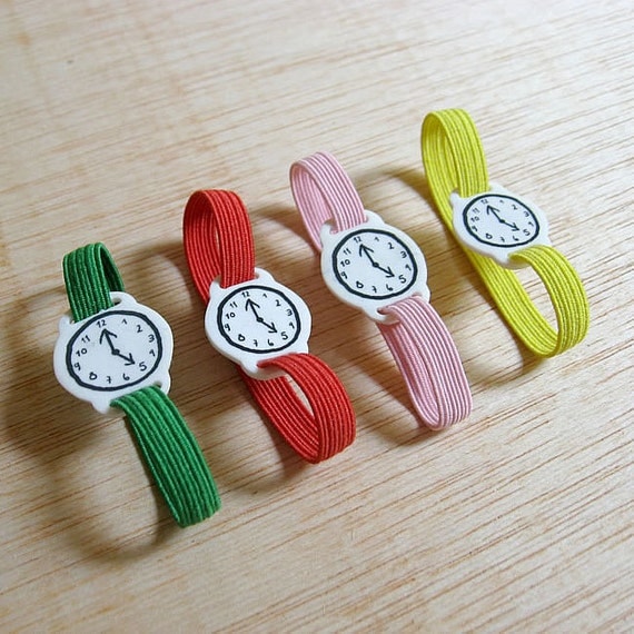 Toy watch with elastic watchband bracelet. One-of-a-kind handmade fake clock.