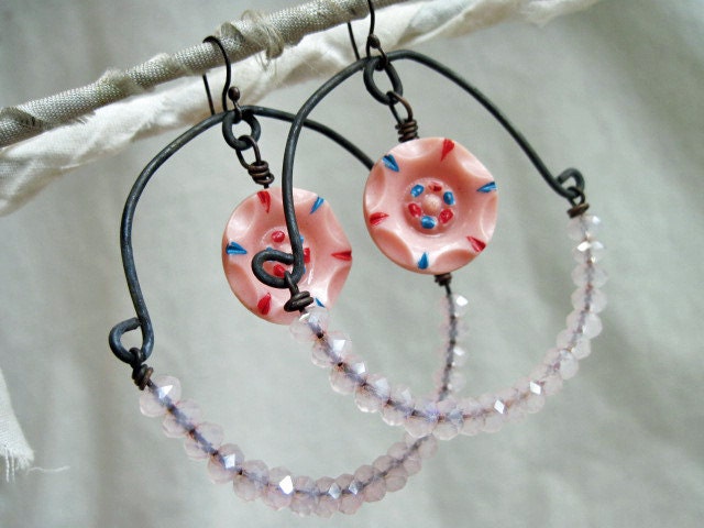 Whether a Mote or a Star. Pink Shabby Chic Vintage Button Earrings.