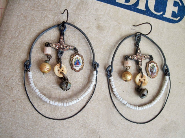 To Weave my Mystic Crown. Rustic Gypsy Assemblage Earrings with Vintage Religious Medals.