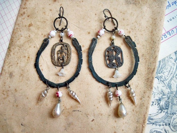 Enki of the Water of Life. Rustic Gypsy Victorian Tribal Assemblage Earrings.