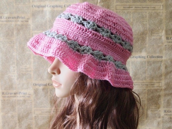 Hand Crocheted Hat - Lovely Pink and Grey Bucket Hat for Teen Girl and Adult Woman