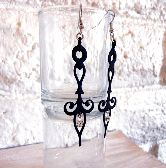 Gothic Steampunk Earrings Clock Hands Black with Crystals- Noir Neo Victorian Styled