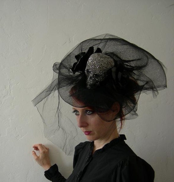 Lady Death - Crystal skull, tulle and leather fascinator.