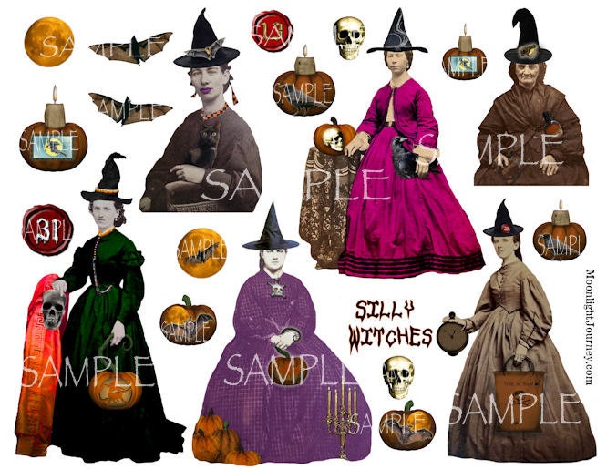SiLLy WiTcHeS collage sheet large witches warlocks halloween gothic vintage bats jol watch skull