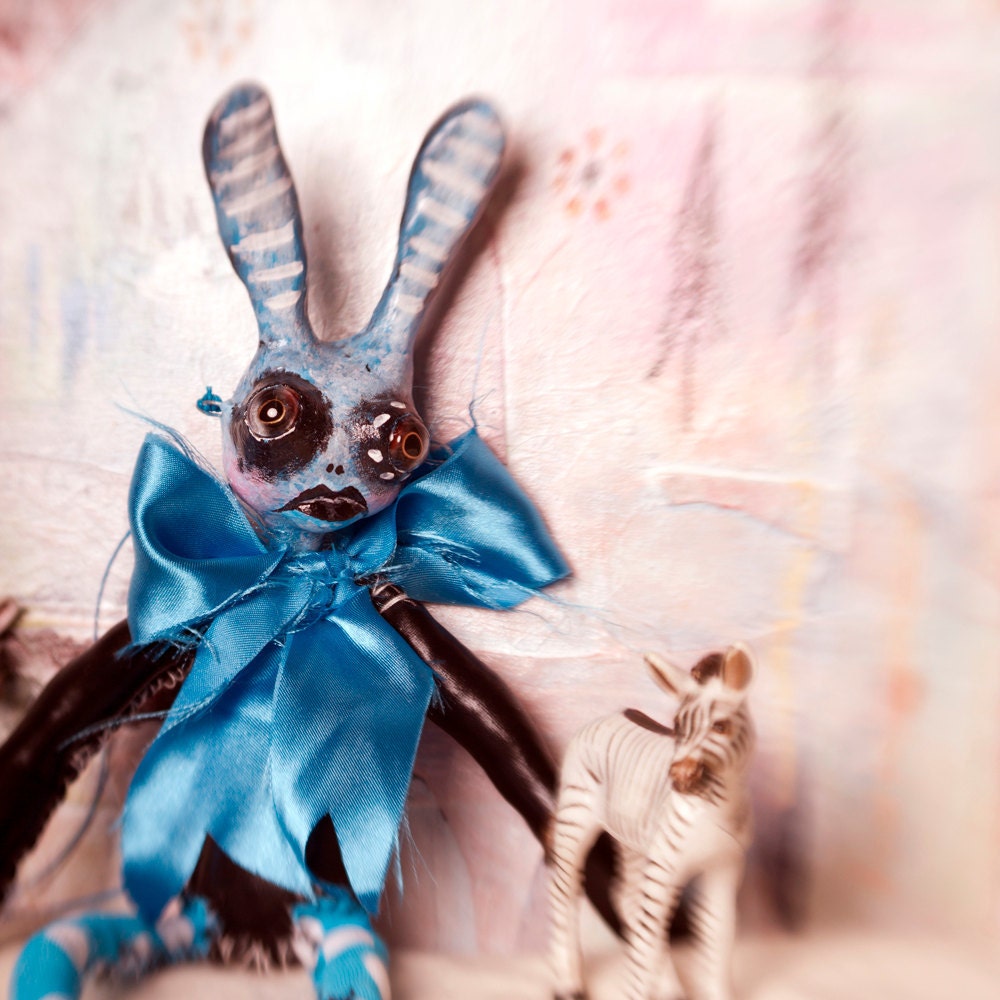 Blue Bunny Art Doll. creepy Carnival floppy Figure Puppet Big Eyes heart cheek frown tattoo Big Bow necktie