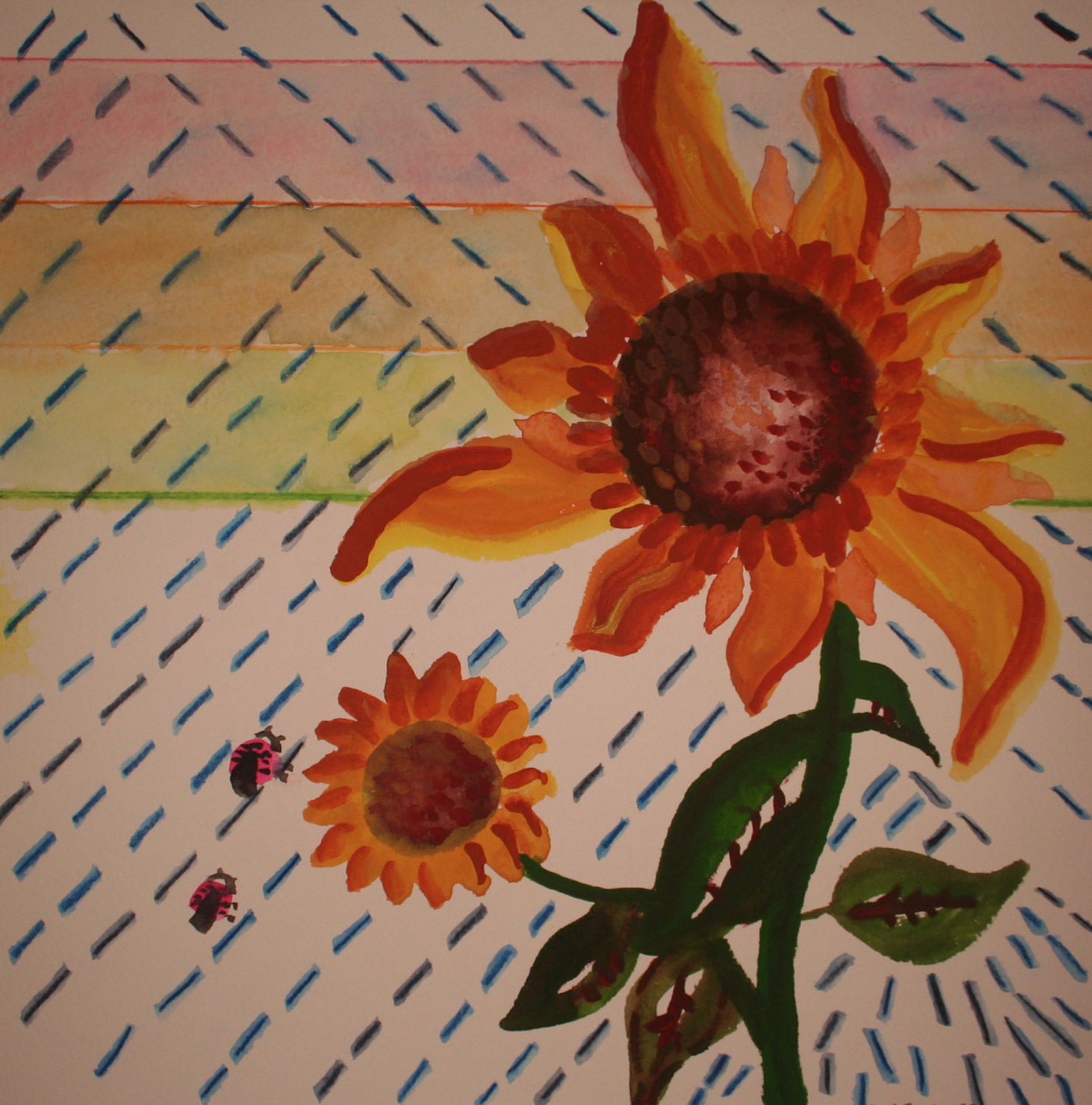 Watercolor Painting: Sunflowers in the Rain