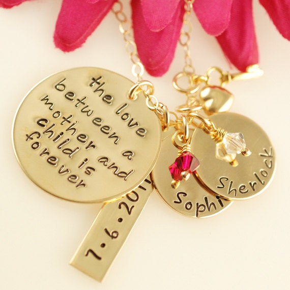 Love Between a Mother and Child with Tag - Hand Stamped Necklace - Personalized ( NOW IN GOLD)