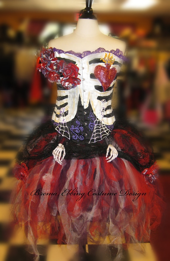 Day of the Dead Costume- Halloween Costume Black Steelboned Corset, Tulle Skirt With Lace Skirt, and Accessories
