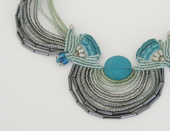 Ocean waves Macrame and beads necklace - Navy Turquoise Gray and blue