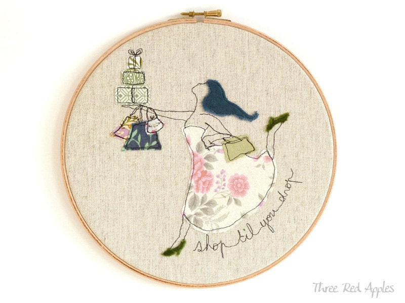 Embroidery Textile Art in a Hoop - 'Shop 'til you drop' Whimsical Art in blue, pink & green - large 10" hoop