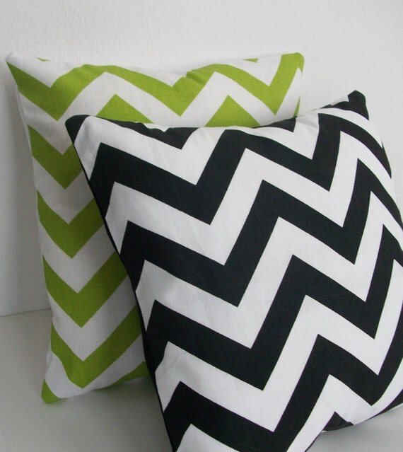 Lime Green and Black  Chevron Pillow Cover Set 16 x 16