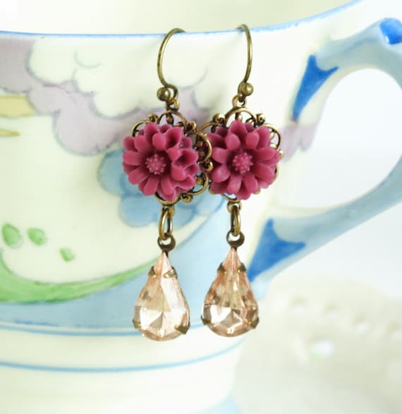 Burgundy Earrings with Pale Rose Vintage Jewels and Burgundy Flowers Set on Brass Filigree