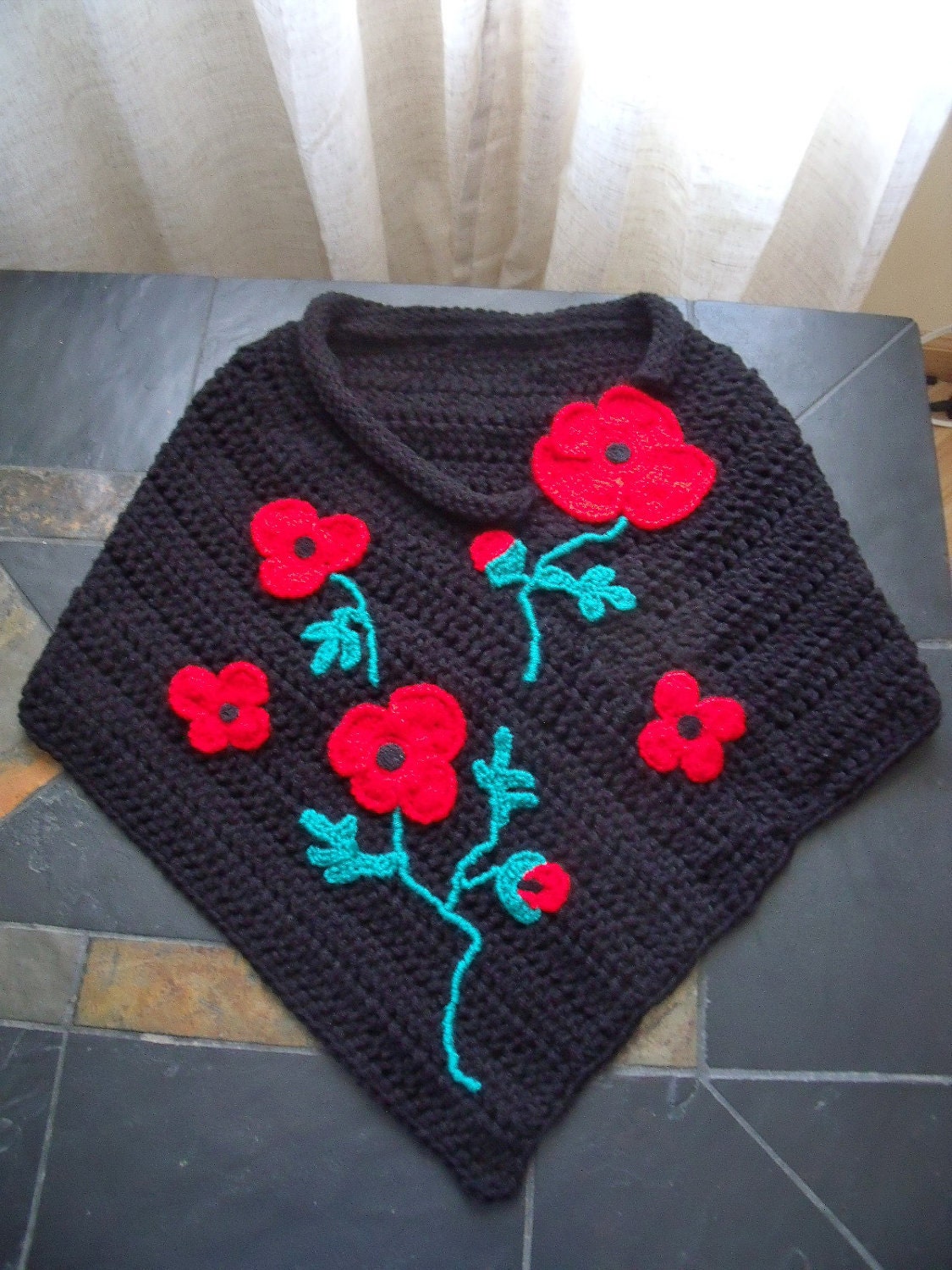 Crochet shoulder cover up poncho Red poppies