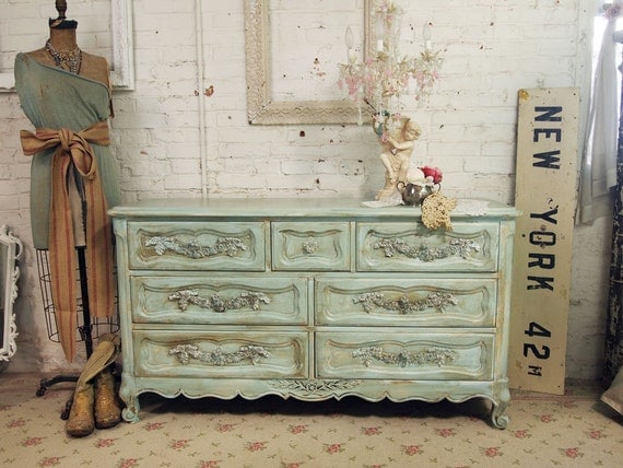 Vintage Painted Cottage Shabby Aqua Romantic Dresser DR258