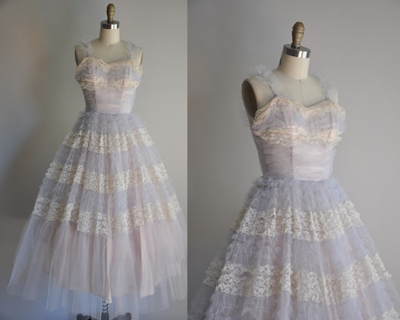 vintage 1950s purple and white Birthday Cake tulle lace party prom dress