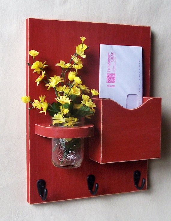 Mail Holder - Key Hooks - Jar Vase - Organizer - Painted Distressed Wood