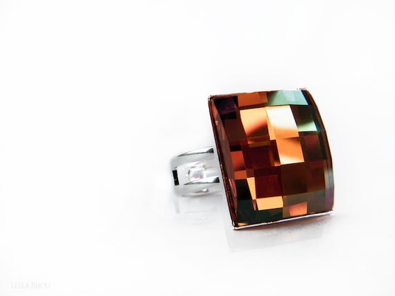 Delicate Copper Chessboard Ring Swarovski Crystal by LeelaBijou